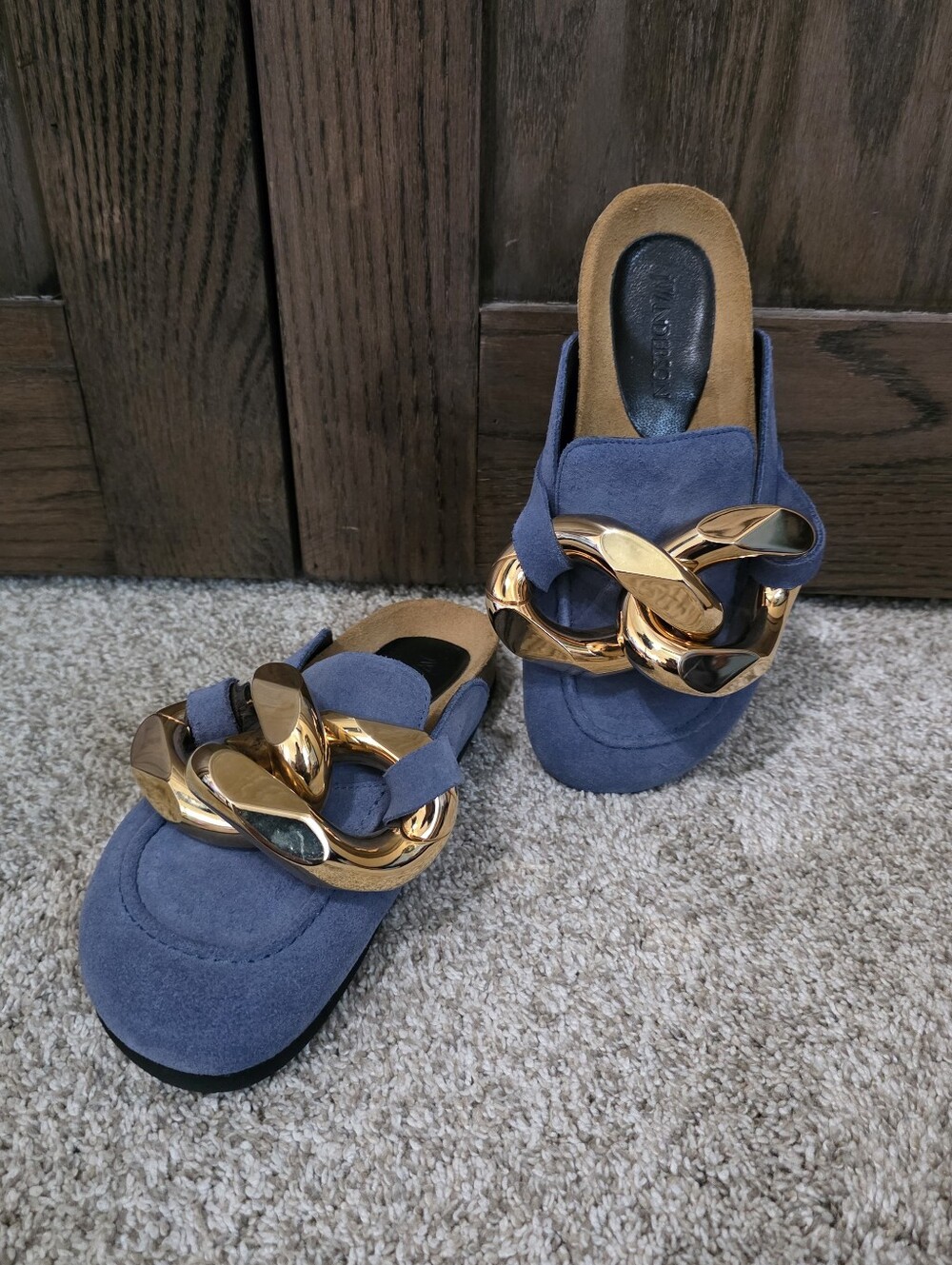 JW ANDERSON Blue Suede Slide Mules with Chunky Gold Chain